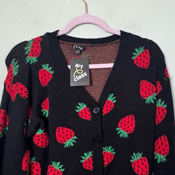 NWT Art Class Strawberry Print Black Cardigan Sweater Button Down XXL (18) Girls - Picture 2 of 10